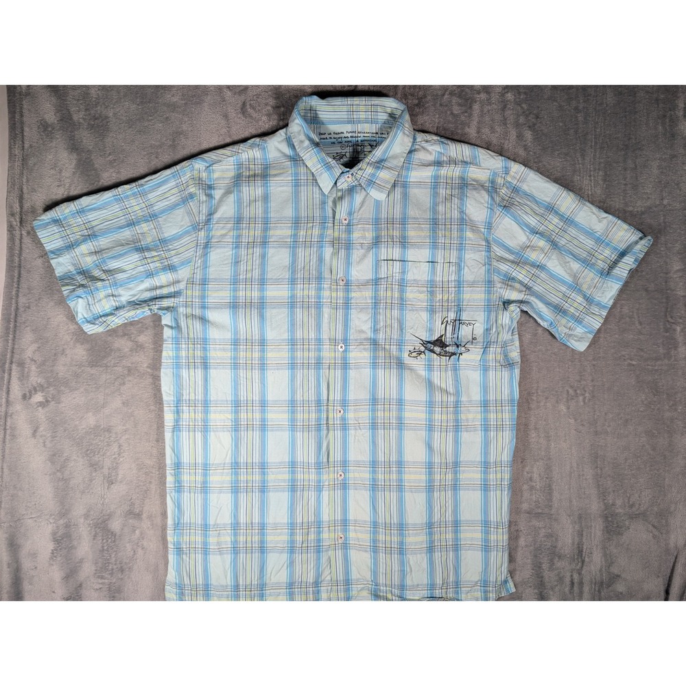 Guy Harvey Bluewater Mens XL Blue Plaid Short Sleeve Button Down Marlin Shirt